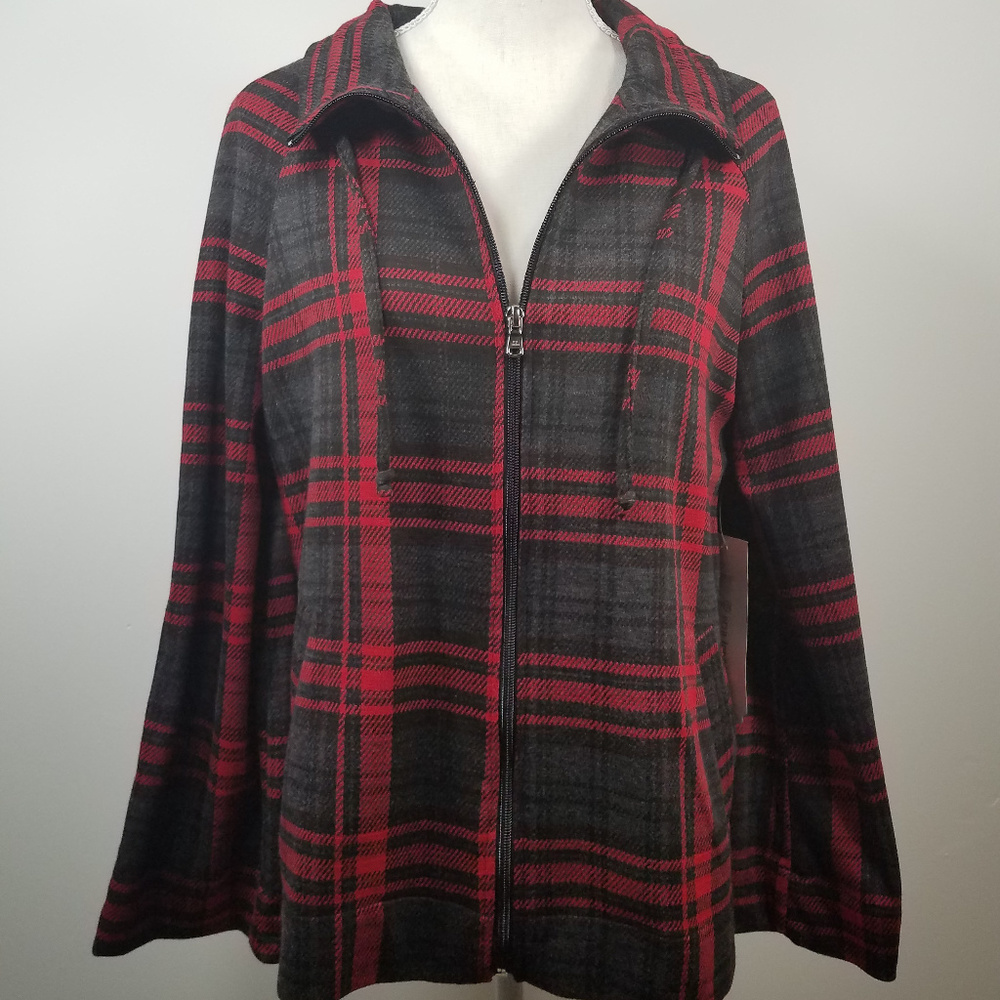 NWT erin london red gray black Plaid Zip Funnel Neck Jacket pockets size small